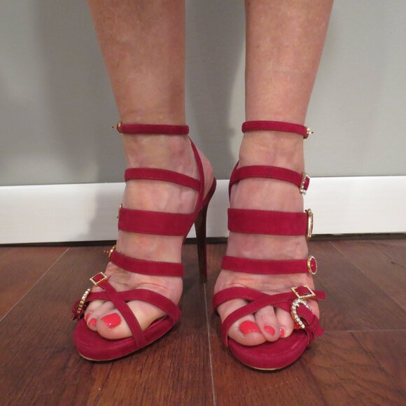 TABITHA SIMMONS Red Suede High Heel Buckle Design Sandals - Picture 3 of 14